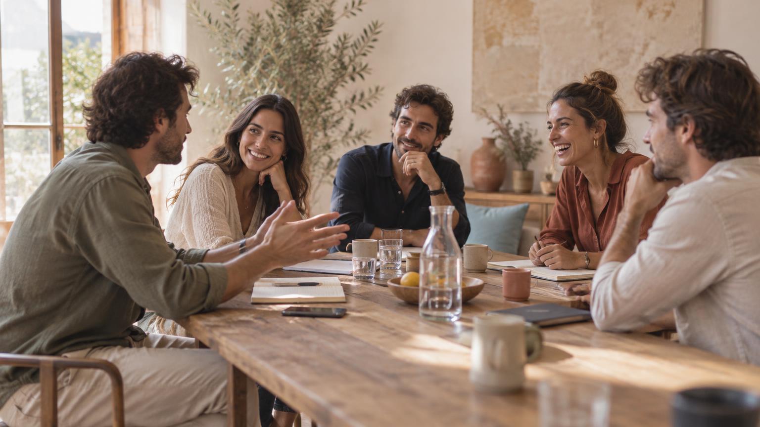 Emprendedores conversando alrededor de una mesa